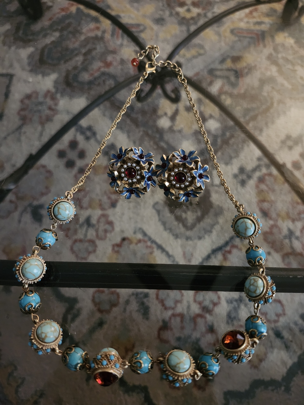 Turquoise and Garnet Floral Statement Necklace and Earrings Set